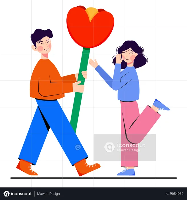 Young man giving big flower to his girlfriend  Illustration