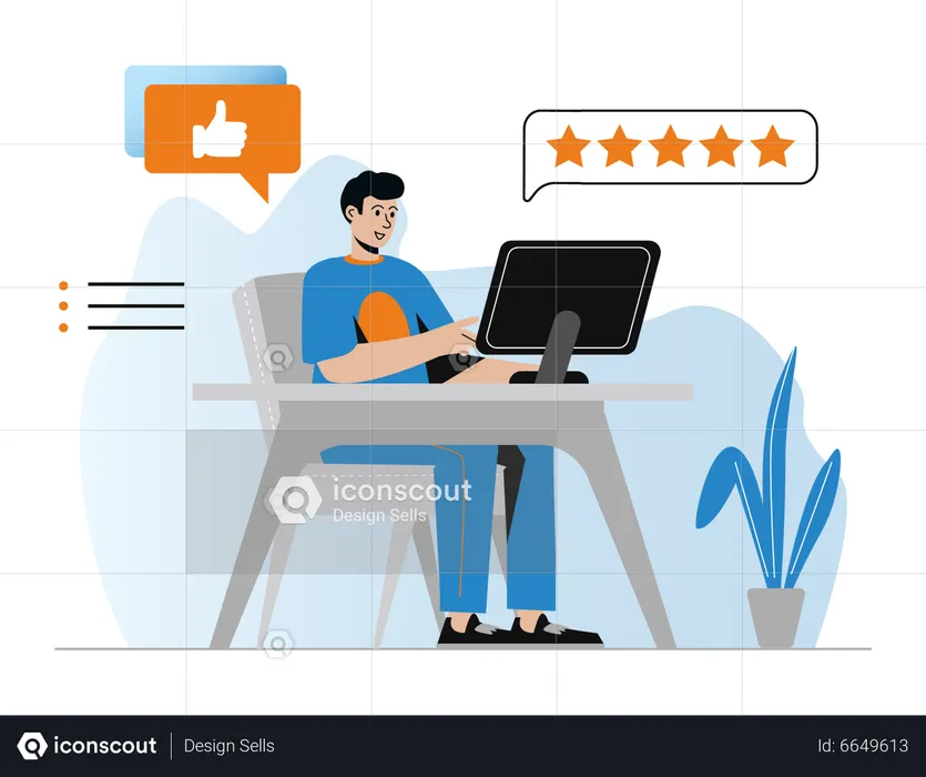 Young man giving five stars rating  Illustration