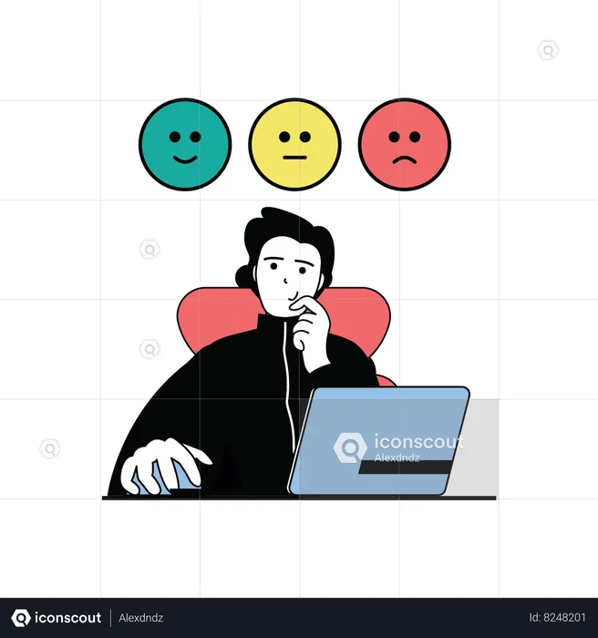 Young man giving review online  Illustration