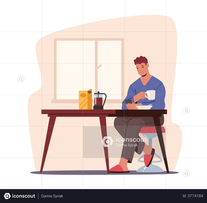 Young Man Having Breakfast with Smartphone in Hands Write Message  Illustration