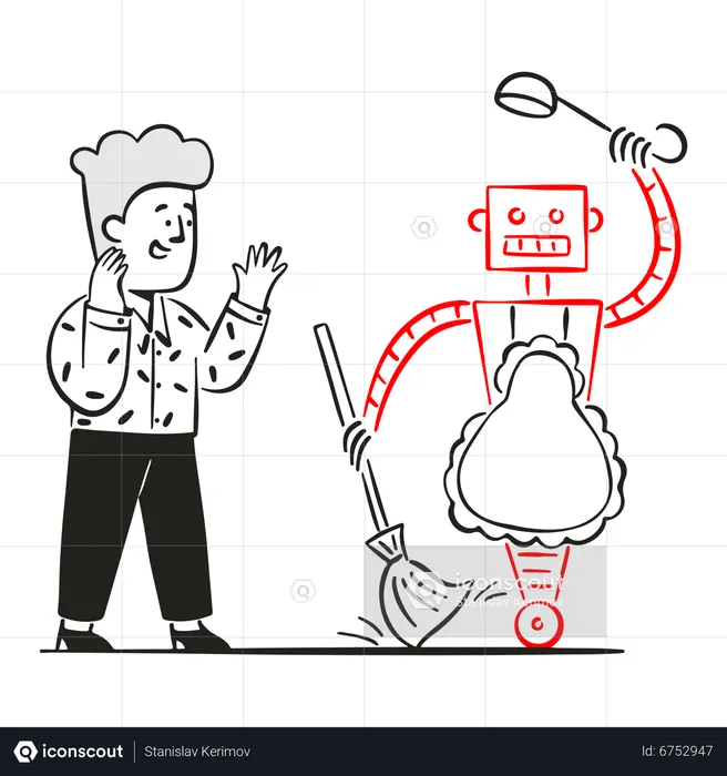 Young man helped by robot helper  Illustration