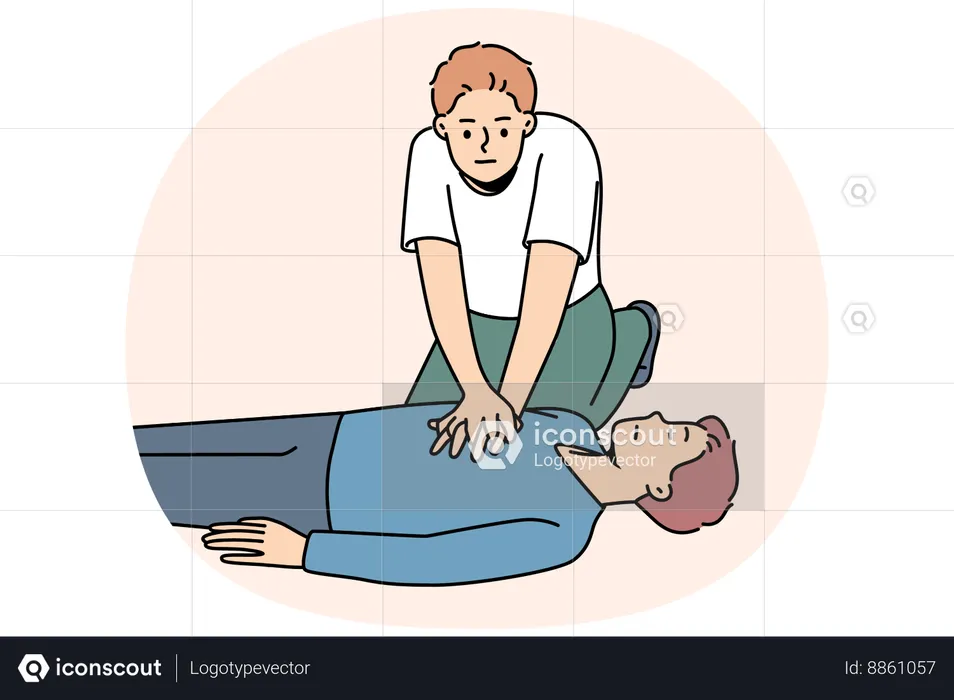 Young man helping his unconscious friend and stop breathing on floor with CPR  Illustration