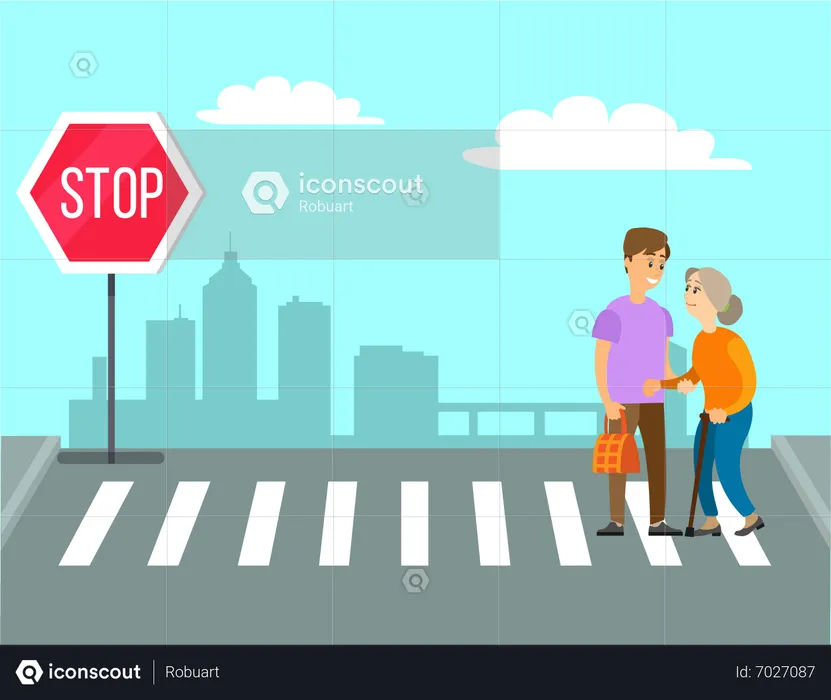 Young man helping senior lady for crossing road  Illustration
