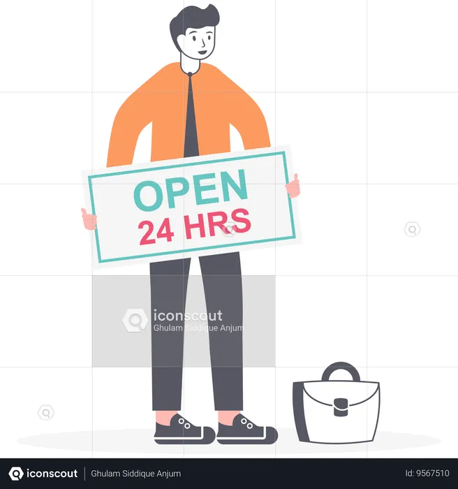 Young man holding 24 hours open board  Illustration