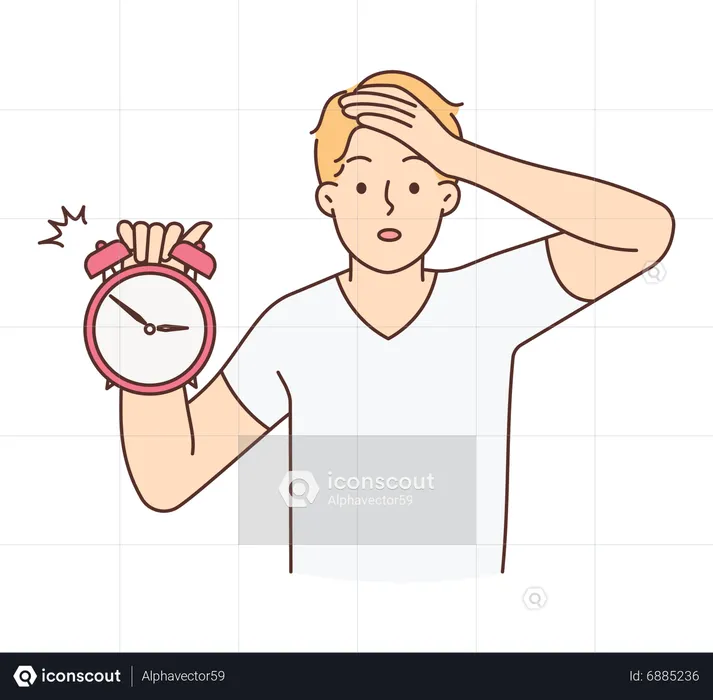 Young man holding alarm with shocking expression  Illustration