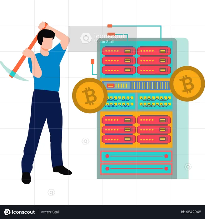 Young man holding axe and mining bitcoins  Illustration