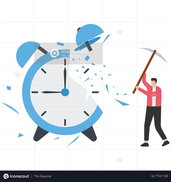 Young man holding big hammer smashing on loud reminding alert alarm clock  Illustration