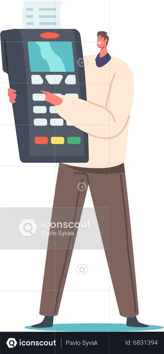 Young man holding card swipe machine  Illustration