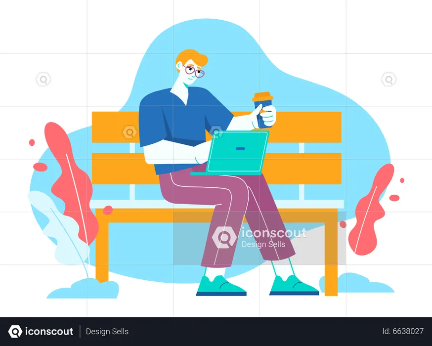Young man holding coffee and working on laptop  Illustration