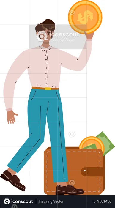 Young man holding dollar coin  Illustration
