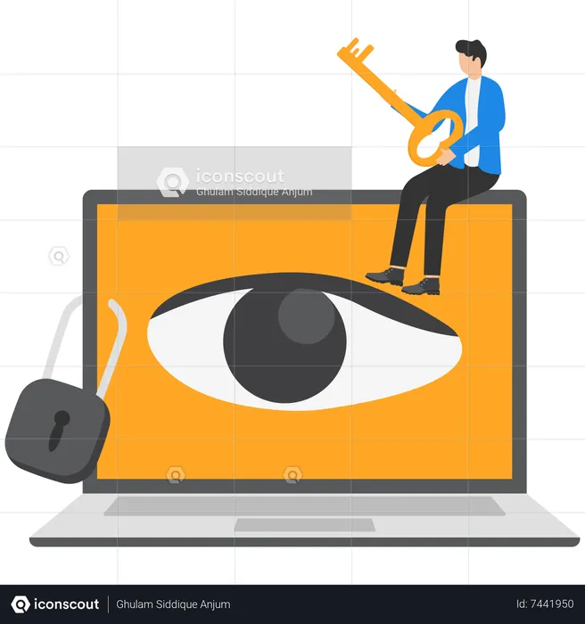 Young man holding key after lock the spy eye on laptop to stop watching private information  Illustration