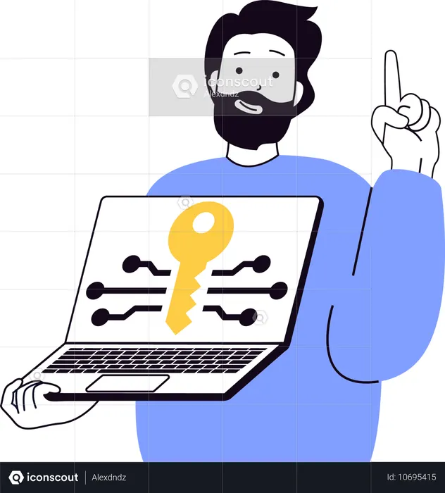 セキュリティキーを見せながらノートパソコンを持つ若い男性  イラスト
