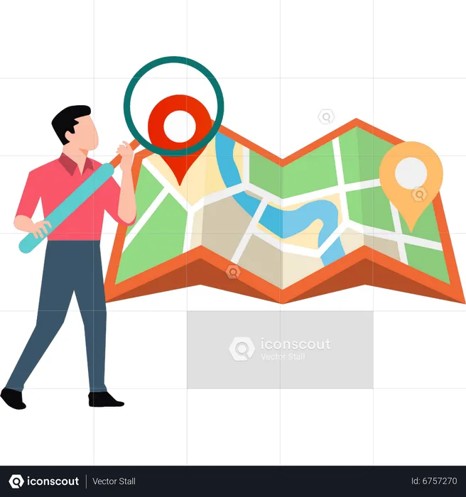 Young man holding magnifying and finding location  Illustration