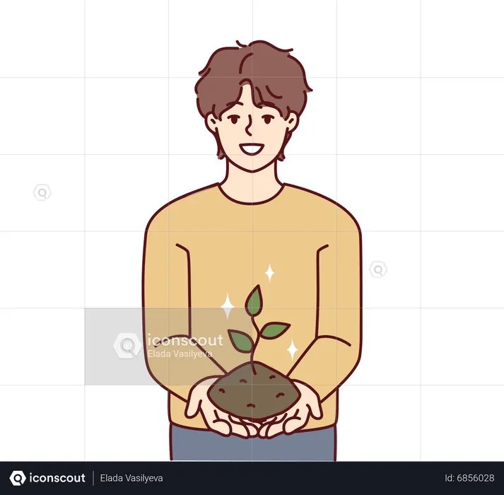 Young man holding plant in hand  Illustration