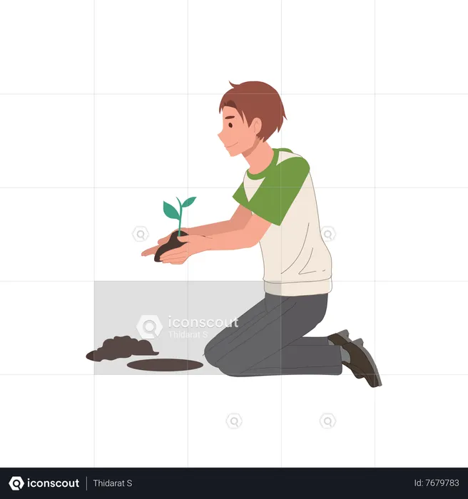 Young man holding small green plant in their hands with dirt for plant it  Illustration
