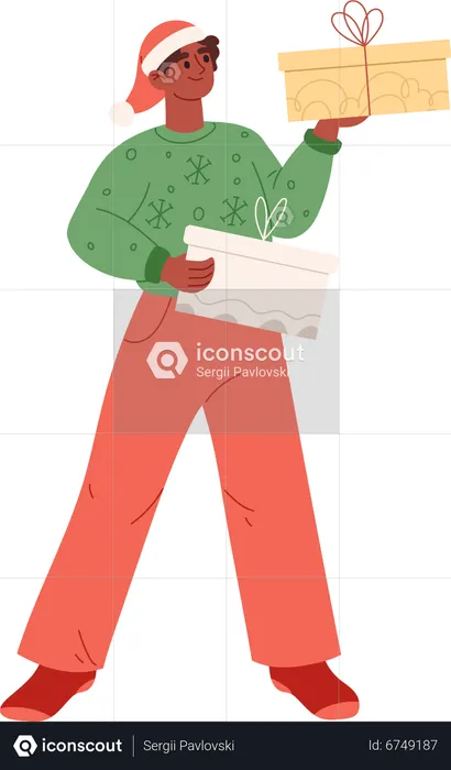 Young man holding wrapped gift box  Illustration