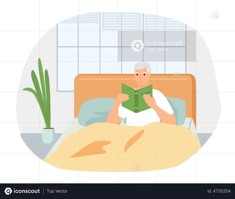 Young man in bed reading book  Illustration