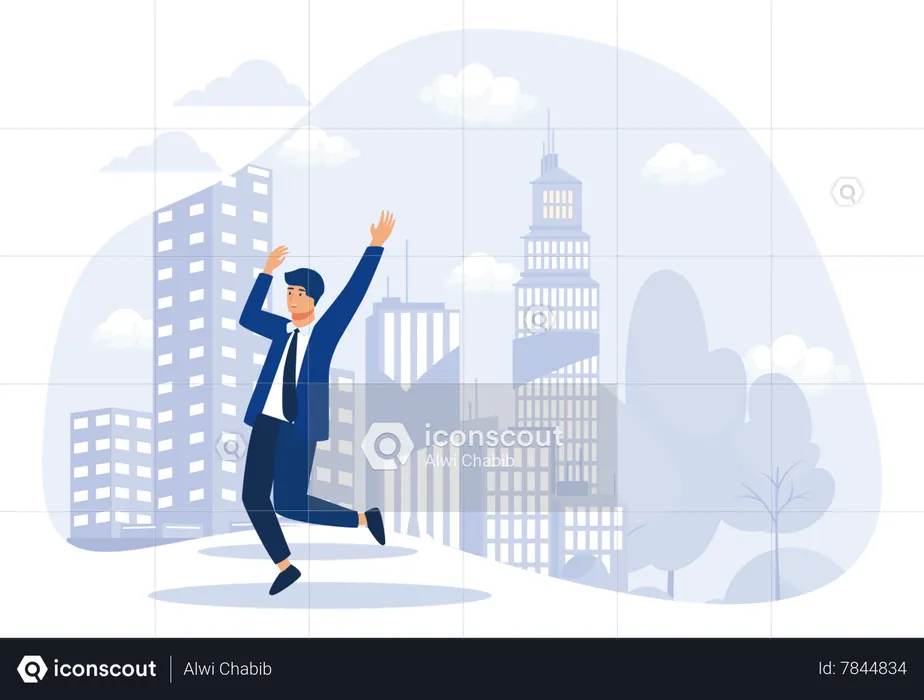 Young Man in Business Suit, Triumphing Over His Victory or Finding Solution to His Problem, Jumping for Joy with His Luck, flat vector modern illustration  Illustration