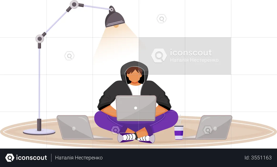 Young man in hoodie with several laptops  Illustration
