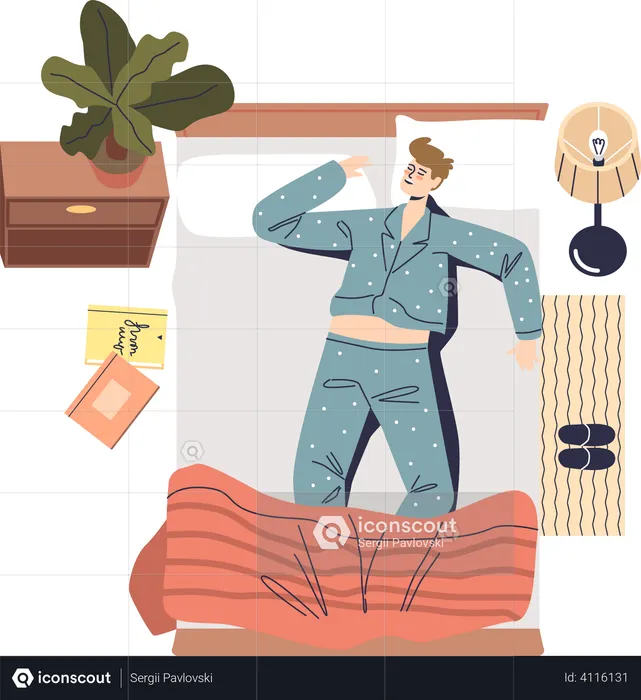Young man in pajama sleeping in bed in comfortable position  Illustration