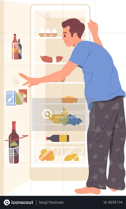 Young man in pajamas searching for night snack looking at opened refrigerator  Illustration