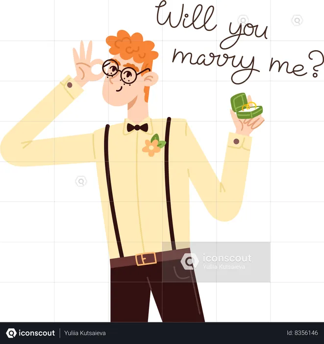 Young man in suit making wedding proposal  Illustration