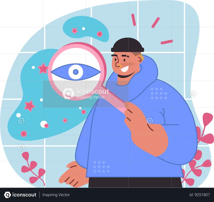 Young man investigates intricacies of sight with magnifying glass  Illustration