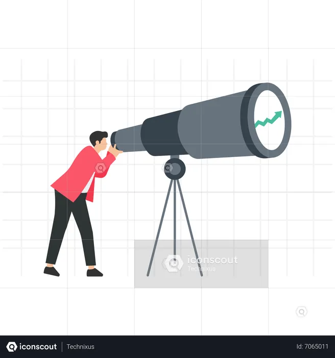 Young man investor look into huge telescope to see rising up graph  Illustration