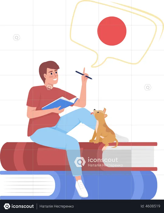 Young man learning japanese by himself  Illustration