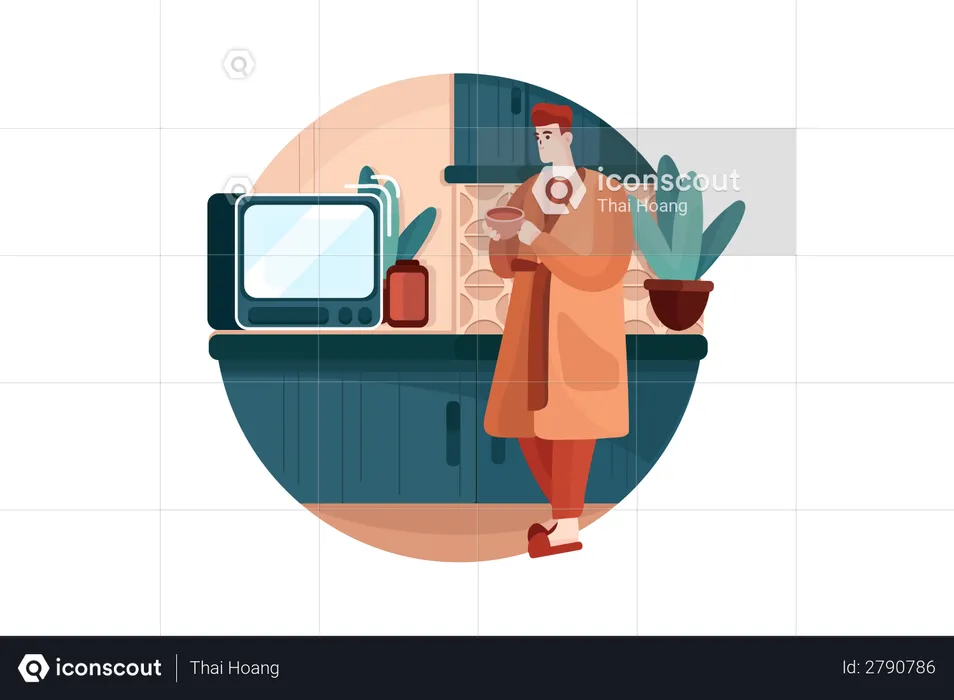 Young man looking at the oven in the kitchen  Illustration