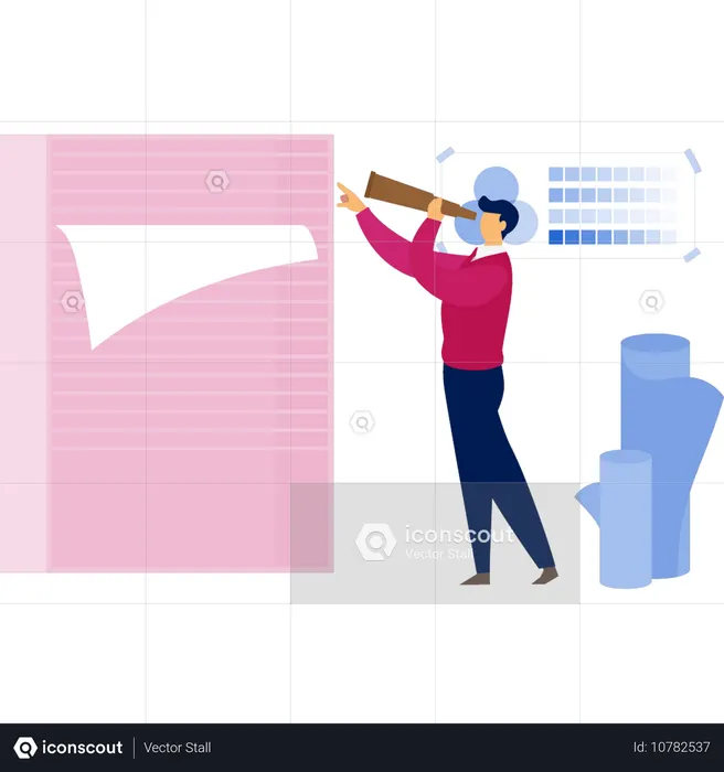 Young man looking at white paper by spy glass  Illustration