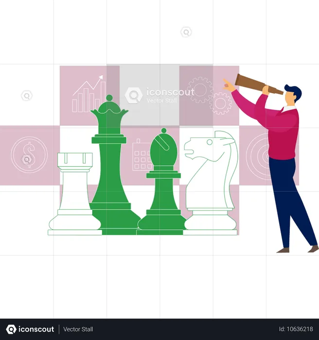 Young man looking chess by spyglass  Illustration