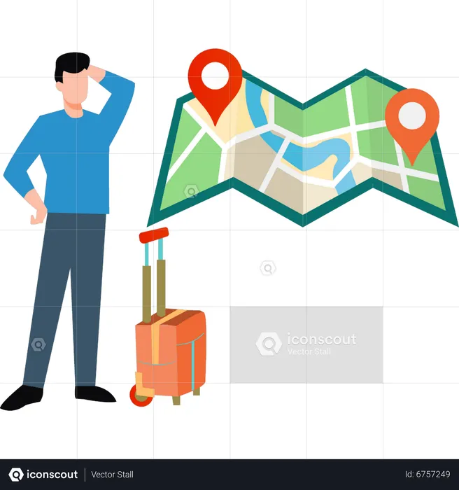 Young man looking for place on map for delivery  Illustration