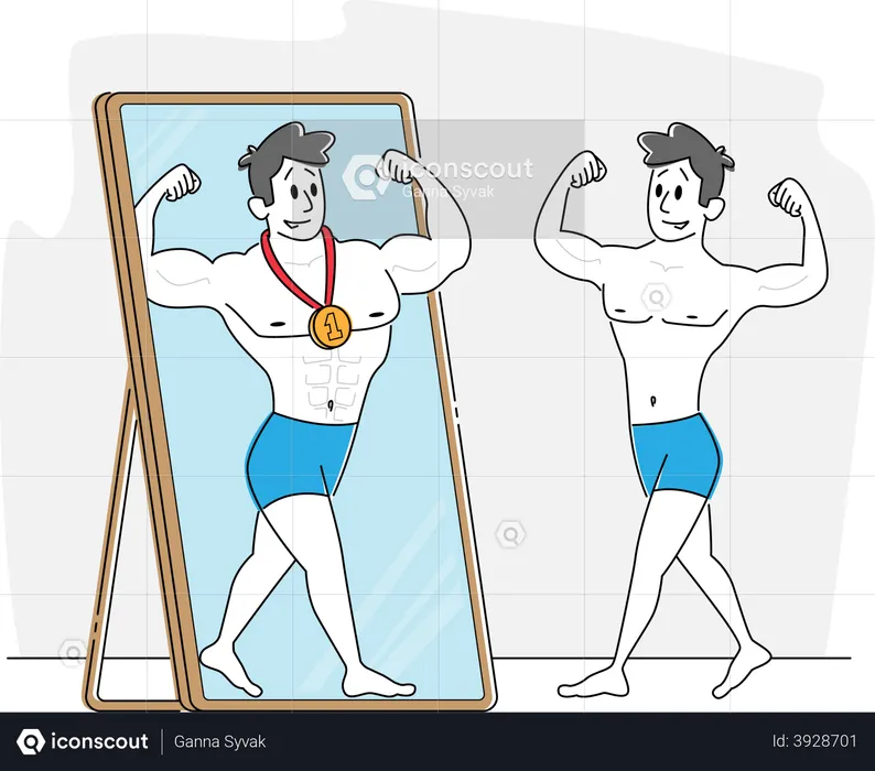 Young Man Looking on Reflection in Big Mirror Imagine himself Sportsman Winner with Medal  Illustration