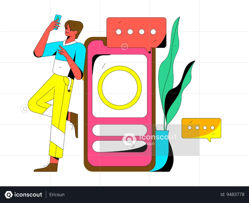 Young man looking social media comment using mobile  Illustration
