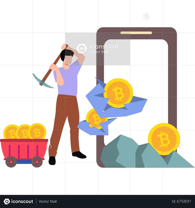 Young man mining bitcoins  Illustration