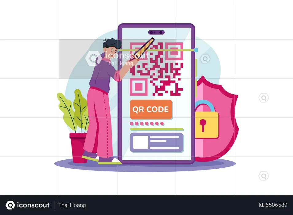Young Man Pay Shopping Bill Using Qr Code Scan  Illustration