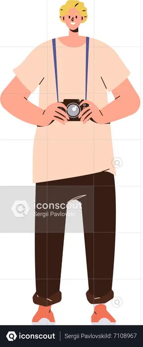 Young man photographer holding camera in hand  Illustration