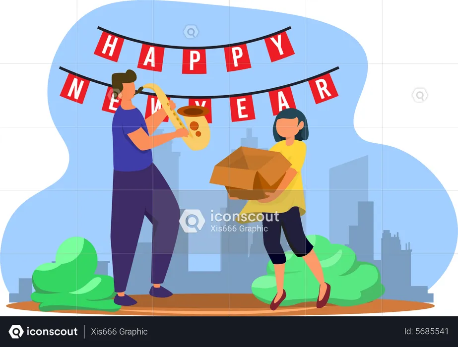 Young Man Playing Trumpet In New Year Party  Illustration
