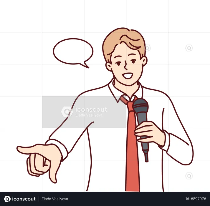 Young man pointing something and giving speech in mike  Illustration
