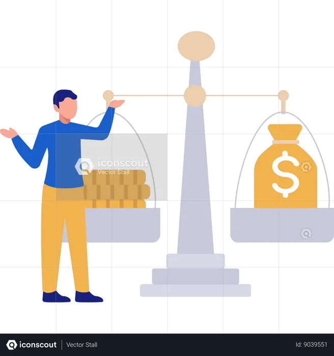 Young Man Pointing To Balance Scale  Illustration