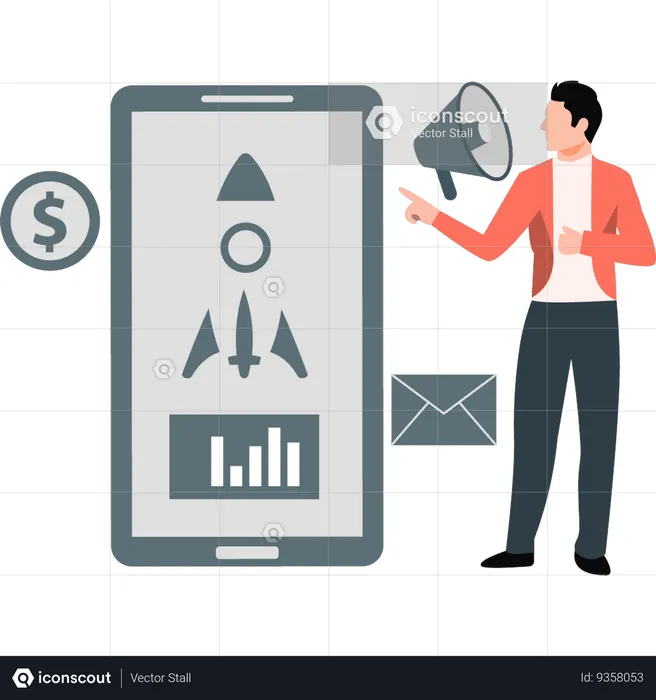Young man pointing to rocket on mobile  Illustration