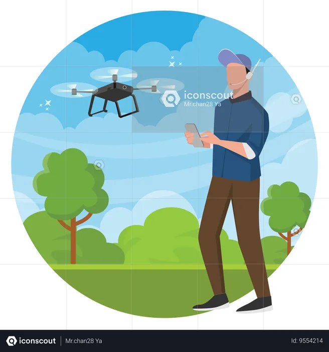 Young man practicing drone At city park  Illustration