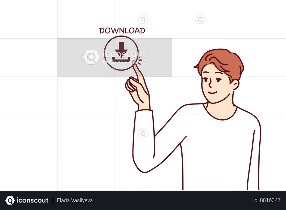 Young man presses download button on screen  Illustration