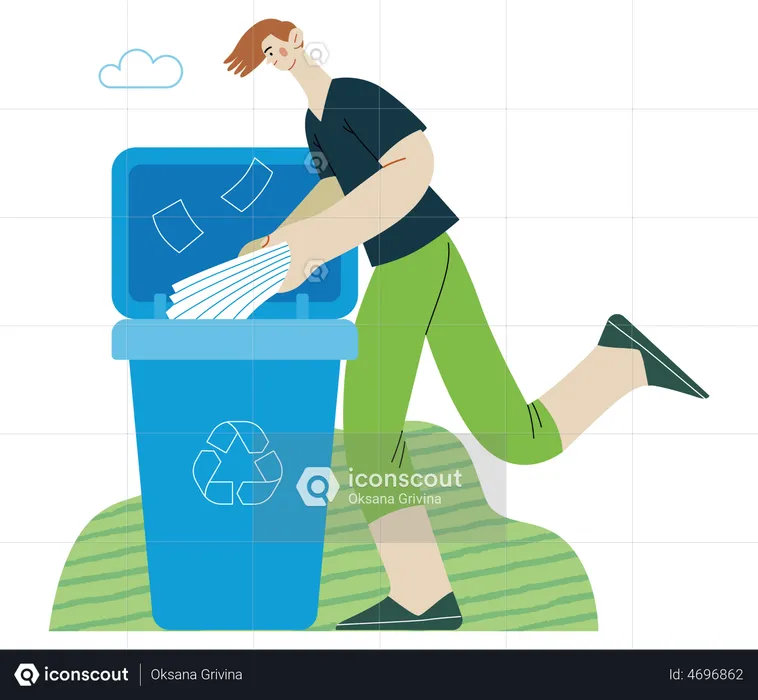 Young man putting a paper journals into the garbage container for paper waste  Illustration