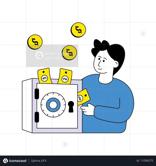 Young man Putting coin in safe  Illustration