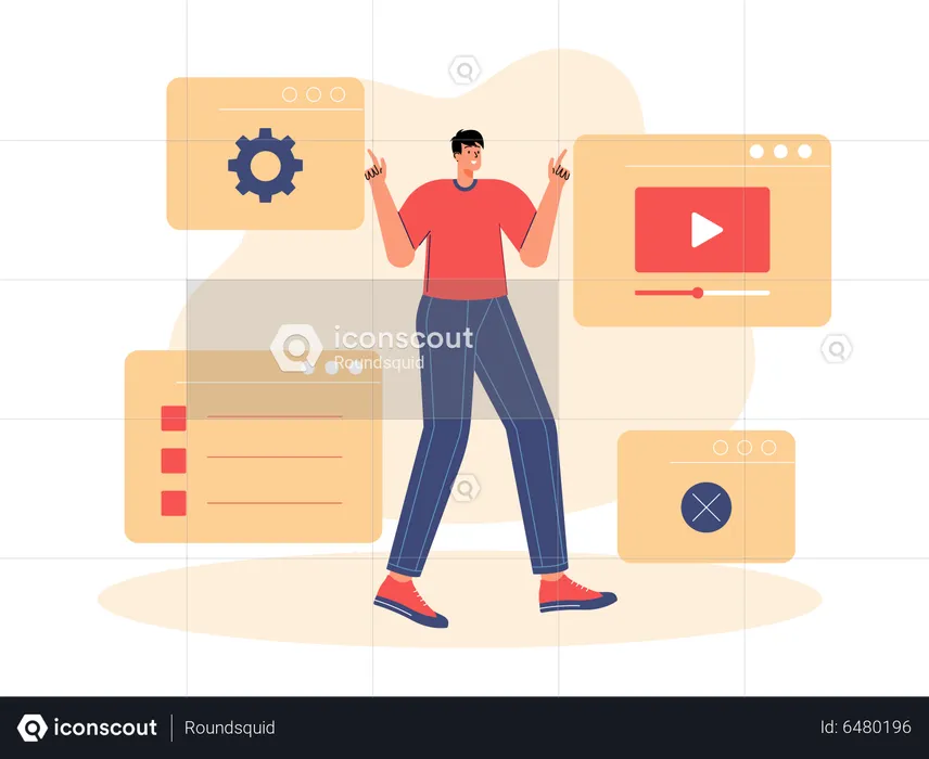 Young man putting development content on website  Illustration