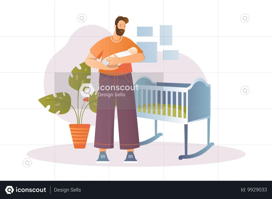 Young man putting his little son to bed  Illustration