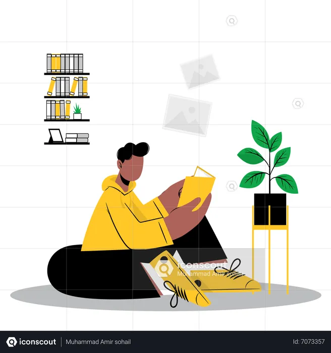 Young man reading book in the house  Illustration