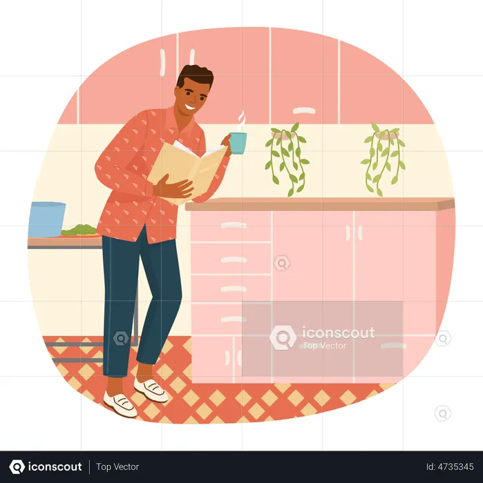 Young man reading book standing near table  Illustration